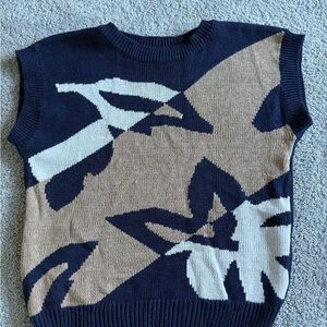Contemporary‎ Casuals Navy/white/brown Floral Sweater Vest Knit Size Medium